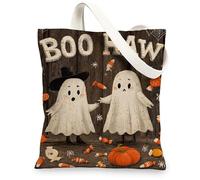 Halloween Ghosts Canvas Tote Bags, Fanciful Spooky Design Reusable Grocery Bags, Fun and Playful Lightweight Washable Shoulder Strap Canvas Bags for Trick or Treating 13x15 Inch