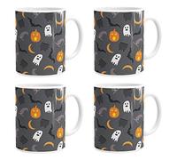 Halloween Ghosts Pumpkins Bats Print Pattern Mug Coffee Cup Set of 4