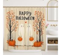 Halloween Ghosts Shower Curtain, Cute White and Orange Pumpkin Bathroom Decor, Fall Seasonal Modern Art Fabric Shower Curtain with Hooks 72x84 Inch