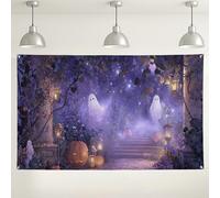Halloween Ghosts Wall Backdrop, Spooky Violet Forest Decorations, Pumpkin Lanterns Photography Background for Halloween Parties and Events 71x43 Inch