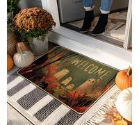 Halloween Ghosts Welcome Doormat, Green Outdoor & Indoor Entry Mat, Cozy Fall Decor, Rubber Waterproof Non-Slip Absorbent Doormats, Easy to Clean 29x17 Inch