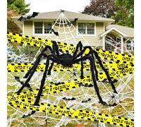 Halloween Giant Spider Web Decorations, 50 '' Halloween Giant Spider+200 '' Giant Spider Web, 60 g Halloween Spider Cobweb with Fake Spiders Caution Tape Halloween Outdoor Decorations
