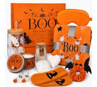 Halloween Gift Basket for Women, Boo Basket Stuffers for Her with 3.3 x 5 ft Blanket, 16 oz Ghost Glass Cup, Lavender Spa Set, Candle, Bath Salts, Soap, Socks and Accessories, Orange