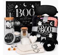 Halloween Gift Basket for Women, Boo Basket Stuffers for Her with 3.3 x 5 ft Blanket, 16 oz Ghost Glass Cup, Lavender Spa Set, Candle, Bath Salts, Soap, Socks and Accessories, Black