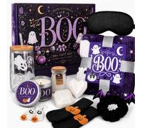 Halloween Gift Basket for Women, Boo Basket Stuffers for Her with 3.3 x 5 ft Blanket, 16 oz Ghost Glass Cup, Lavender Spa Set, Candle, Bath Salts, Soap, Socks and Accessories, Purple