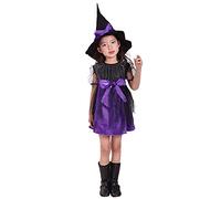 Halloween Girl Witch Children's Costume Witch Princess Dress Children's Witch Costume Set with Costume, Hat, Candy Bag and Magic Wand 4 Piece Carnival Party Dresses