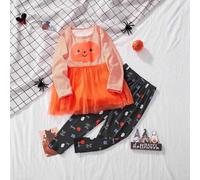 Halloween Girls Outfits Cute Pumpkin Striped Print Tutu Dress Set for Toddler and Kids Casual Party Wear Comfortable Soft Fabric Pumpkin Outfits Cosplay Festival Fancy Dress (Orange, 4-5 Years)