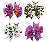 Halloween Girls Ribbon Hair Bows Clips Slides Grips 3" inch Vibrant Colours Spiders Ghosts Pumpkins - Mixed Set 3-4 Pack