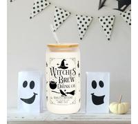 Halloween Glass Cup, 18oz Frosted Witch Iced Coffee Can Cup Tumbler with Lid and Straw, Witch Tumbler Beer Can Glass, Halloween Gifts Decorations