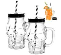 Halloween Glass Cups 16oz Skull Mason Jar Cups with Straw & Lid 2Pcs Halloween Glasses Drinking with Handle for Whiskey, Wine, Beverages.