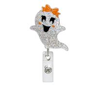 Halloween Glitter Bow Ghost Nurse Badge Reel Retractable Glitter Name Tag Acrylic Alligator Clip Halloween Cute Spooky Badge Holder Bow Spooky ID Badge Clip for Nurse RN Student Office Staff