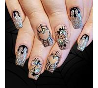 Halloween Glitter Press Nails with Spiders Web Heart Designs 24 Pieces False Nails Stick on Oval Halloween Spiders Glitter Nail Press Nail
