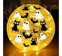 Halloween Globe Light with Timer ,4 Inch Ghost Black Cat Bat Crackle Glass Ball, Warm LED Light for Table Centerpieces Decorative Gift
