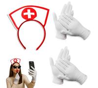 Halloween Gloves & Nurse Headband Set - 2 Pairs White Gloves for Creepy Nurse & Doctor Costume - Scary Halloween Props & Accessories for Fancy Dress