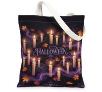 Halloween Glowing Candles Autumn Theme Canvas Tote Bag 13x15 Inch | Glowy Taper Candles, Spooky Spider Webs, Fallen Maple Leaves, Gothic Script Lettering, Mysterious Violet Smoke, Fall Mood