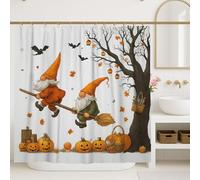 Halloween Gnome Shower Curtain, Orange and Black Witch Decor, Autumn Festive Bathroom Set with Pumpkin and Bat Design, Waterproof Fabric Curtain with Hooks 72x84 Inch