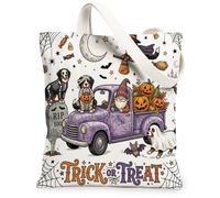 Halloween Gnome Truck Bernese Mountain Dog Canvas Tote Bag for Shopping 13 * 15, Fun Spooky Reusable Grocery Bag for Women, Scary Creepy Aesthetic Painting Gift Decor