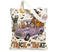 Halloween Gnome Truck Exotic Shorthair Cat Canvas Tote Bag for Shopping 13 * 15, Fun Spooky Reusable Grocery Bag for Women, Scary Creepy Aesthetic Painting Gift Decor