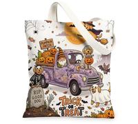Halloween Gnome Truck Golden Doodle Dog Canvas Tote Bag for Shopping 13 * 15, Fun Spooky Reusable Grocery Bag for Women, Scary Creepy Aesthetic Painting Gift Decor
