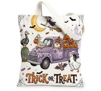 Halloween Gnome Truck Goose Canvas Tote Bag for Shopping 13 * 15, Fun Spooky Holiday Reusable Grocery Bag for Women, Scary Creepy Aesthetic Painting Gift Decor