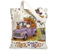 Halloween Gnome Truck Pug Dog Canvas Tote Bag for Shopping 13 * 15, Fun Spooky Reusable Grocery Bag for Women, Scary Creepy Aesthetic Painting Gift Decor