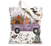 Halloween Gnome Truck Ragdoll Cat Canvas Tote Bag for Shopping 13 * 15, Fun Spooky Reusable Grocery Bag for Women, Scary Creepy Aesthetic Painting Gift Decor