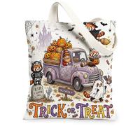 Halloween Gnome Truck Red Panda Canvas Tote Bag for Shopping 13 * 15, Fun Spooky Holiday Reusable Grocery Bag for Women, Scary Creepy Aesthetic Painting Gift Decor