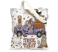 Halloween Gnome Truck Saluki Dog Canvas Tote Bag for Shopping 13 * 15, Fun Spooky Reusable Grocery Bag for Women, Scary Creepy Aesthetic Painting Gift Decor