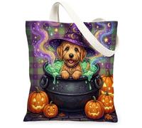 Halloween Golden Doodle Dog Canvas Tote Bag for Shopping 13 * 15, Holiday Cauldron Reusable Fashion Bag for Women, Witch Work Travel Pattern Gift Decor