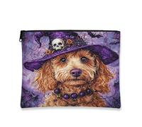 Halloween Golden Doodle Dog Makeup Bag 7x9 Inch for Travel Purse, Fun Gothic Witch Bat Pattern Cosmetic Pouch for Women, Witchy Portable Canvas Zipper Organizer