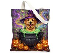 Halloween Golden Retriever Dog Canvas Tote Bag for Shopping 13 * 15, Holiday Cauldron Reusable Grocery Shoulder Bag for Women, Witch Painting Gift Decor