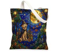 Halloween Golden Retriever Dog Canvas Tote Bag for Shopping 13 * 15, Holiday Forest Reusable Grocery Bag for Women, Witch Travel Pattern Gift Decoration