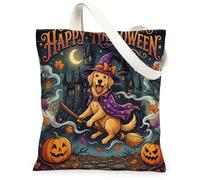 Halloween Golden Retriever Dog Canvas Tote Bag for Shopping 13 * 15, Holiday Funny Witch Reusable Grocery Shoulder Cloth Bag for Women, Fall Painting Gift Decoration