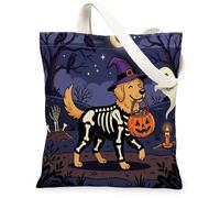 Halloween Golden Retriever Dog Canvas Tote Bag for Shopping 13x15, Horror Puppy Graveyard Reusable Grocery Print Pattern Bag for Women, Spooky Scary Aesthetic Painting Gift Decor