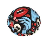 Halloween Goth Skull Mushroom Vampire Magic Witch Witchcraft Shower Cap For Women Reusable Bath Cap Double-Layered Bathing Hat For Bathing Long Hair Spa