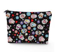 Halloween Goth Sugar Skull Makeup Bag, Goth Skeleton Day of The Dead Cosmetic Pouch with Lined, Large Capacity Travel Bag with Zipper, Spooky Gothic Gifts for Girl & Women