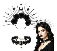 Halloween Gothic Black Rose Headband Sun God Star Crown Hair Hoop with Black Gothic Choker for Women Girls Halloween Cosplay Party Accessories