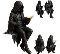 Halloween Gothic Dark Fantasy Figure,Reading Death Gothic Skeleton Demon Hooded Figurine Set,Resin Sitting Reaper Reading Book Sculpture,Dark-Style Seated Figurine PC and Bookshelf Decor (#3, 18cm)