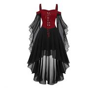 Halloween Gothic Dress Women - Victorian Vampire Medieval Dresses 3/4 Chiffon Sleeve Renaissance Steampunk Witches Cold Shoulder Layered Lace Up Corset Outfit