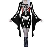 Halloween Gothic Dresses Ladies Cold Shoulder Butterfly Sleeve Spaghetti Strap Swing Costume Pumpkin Skeleton Print Dress Novelty Party Wear Length Evening Costumes for Cocktail Black
