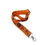 Halloween Gothic Print Ribbon Lanyard - 1" Grosgrain Neck Strap with Lobster Clasp - Spooky Badge Holder or Keychain - Individual or Bundle Pack (Black Halloween on Orange)