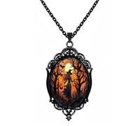 Halloween Gothic Raven Castle Pendant Necklace,Vintage Cameo Glass Pendant Necklace,Mystic vampire bat witch pendant necklace accessories for woman, Adjustable, Alloy Steel, No Gemstone