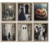 Halloween Gothic Wall Art Prints - Spooky Vintage Posters Set of 6, Creepy Skeleton Witch Ghost Pumpkin Haunted House Artwork, Scary Horror Wall Decor for Home, Bedroom & Party (8x10 Inch, Unframed)