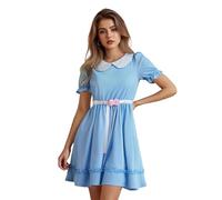 Halloween Grady Twins Costumes for Womens Puff Sleeves Blue Babydoll Dress with Floral Trimed Cosplay Party Clothes