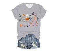 Halloween Graphic T-Shirts Women Skull Spider Web Pullover Short-Sleeved Tee Breathable Polyester Shirt Work Travel Leisure T-Shirt Long Sleeve T Shirts Going Out Soft Workout Tops Grey