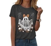 Halloween Graphic T-Shirts Women Skull Spider Web Pullover v-Neck Short Sleeved T-Shirt Soft Breathable Polyester Work Travel Leisure Plus Size Tops Autumn Fashion Thermal Top Grey