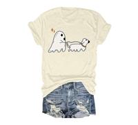 Halloween Graphic T-Shirts Women Spiders Ghosts Witch Hat T-Shirt Short-Sleeved Tee Breathable Polyester Shirt Spooky Town Theme Long Sleeve T Shirts Going Out Soft Workout Tops Beige