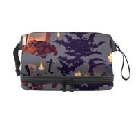 Halloween Grave Flying Bat Candles Double Layer Cosmetic Bag for Women and Girls, Travel Toiletry Bag Makeup Handy Pouch Organiser Bag with Brush Compartment