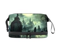 Halloween Grave Full Noon Double Layer Cosmetic Bag for Women and Girls, Travel Toiletry Bag Makeup Handy Pouch Organiser Bag with Brush Compartment