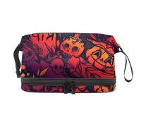 Halloween Grave Pumpkin Skull Witch Hat Double Layer Cosmetic Bag for Women and Girls, Travel Toiletry Bag Makeup Handy Pouch Organiser Bag with Brush Compartment